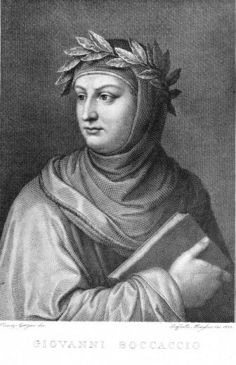 پۆرترێتی( بۆكاچێۆ) داهێنه‌ری ڕۆمانننوسی له‌دونیادا Engraved portrait of Giovanni Boccaccio (1313–1375) by Raffaello Sanzio Morghen (1758-1833) after Vincenzo Gozzini and dated 1822