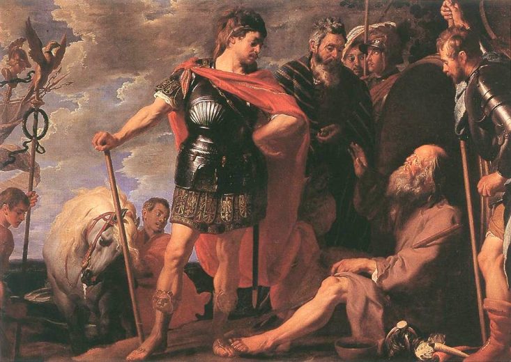 ئه‌سكه‌نده‌ر مه‌قدۆنی؛ دیۆگین چۆن خزمه‌تت بكه‌م؟ دیۆگین؛ بڕۆ لێره‌ تۆ به‌ری خۆرم لێده‌گریت. ئه‌م تابلۆیه‌ باس له‌م گفتوگۆیه‌ ده‌كات Alexander and Diogenes by Caspar de Crayer (c. 1650) 