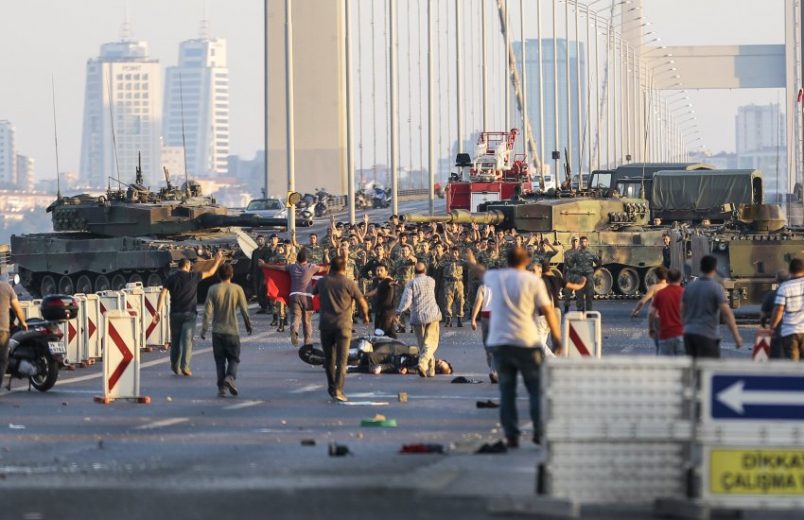 ISTANBUL, TURKEY - JULY 16: Soldiers involved in the coup attempt surrender on Bosphorus bridge with their hands raised on July 16, 2016 in Istanbul, Turkey. Istanbul's bridges across the Bosphorus, the strait separating the European and Asian sides of the city, have been closed to traffic. Turkish President Recep Tayyip Erdogan has denounced an army coup attempt, that has left atleast 90 dead 1154 injured in overnight clashes in Istanbul and Ankara. (Photo by Gokhan Tan/Getty Images)