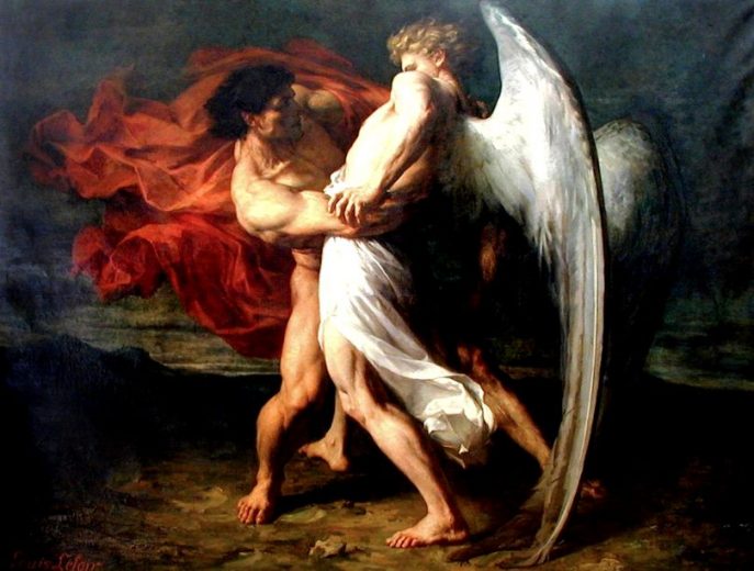 یه‌عقوب (ئه‌یوب) له‌گه‌ل فریشته‌دا زۆران ده‌گرێت \ لیۆر ١٨٦٥ Jacob Wrestling with the Angel, Alexander Louis Leloir, 1865 Classic French Romantic Biblical Art Print 