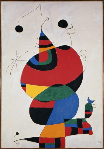 خوان میرۆ؛ ژنو باڵندەیەک - پێشکەشە بە بیکاسۆ - زەیت لەسەر خام . “ Woman, Bird and Star (Homage to Picasso),” by Joan Miró, oil on canvas.