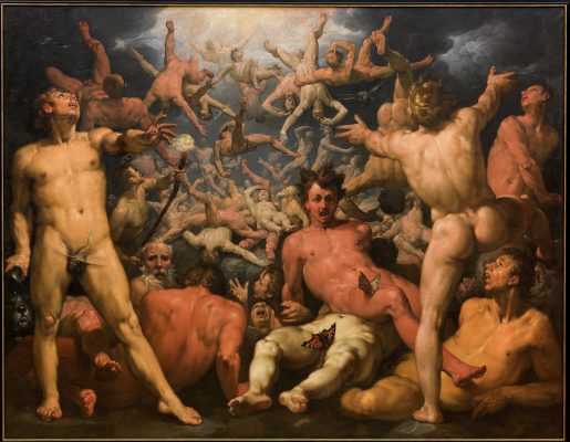 تابلۆی زەیتی؛ دۆڕانی تیتانەکان – ١٥٨٨- ١٥٩٠ لەلایەن نیگارکێشی هۆڵەندی کۆڕنیلیس ڤان هارلێم The Fall of the Titans. Cornelis Van Haarlem, 1558 -1560