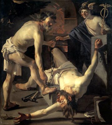 1623 Dirck van Baburen, Prometheus Being Chained by Vulcan Rijksmuseum, Amsterdam. تابلۆی زەیتی نیگارکێش دیریک ڤان بابورن ١٦٢٣؛  پرۆمیتۆیس لەلایەن بورکان و ئەسینا وە بە زنجیر دەبەسترێتەوە. ئەمستردام