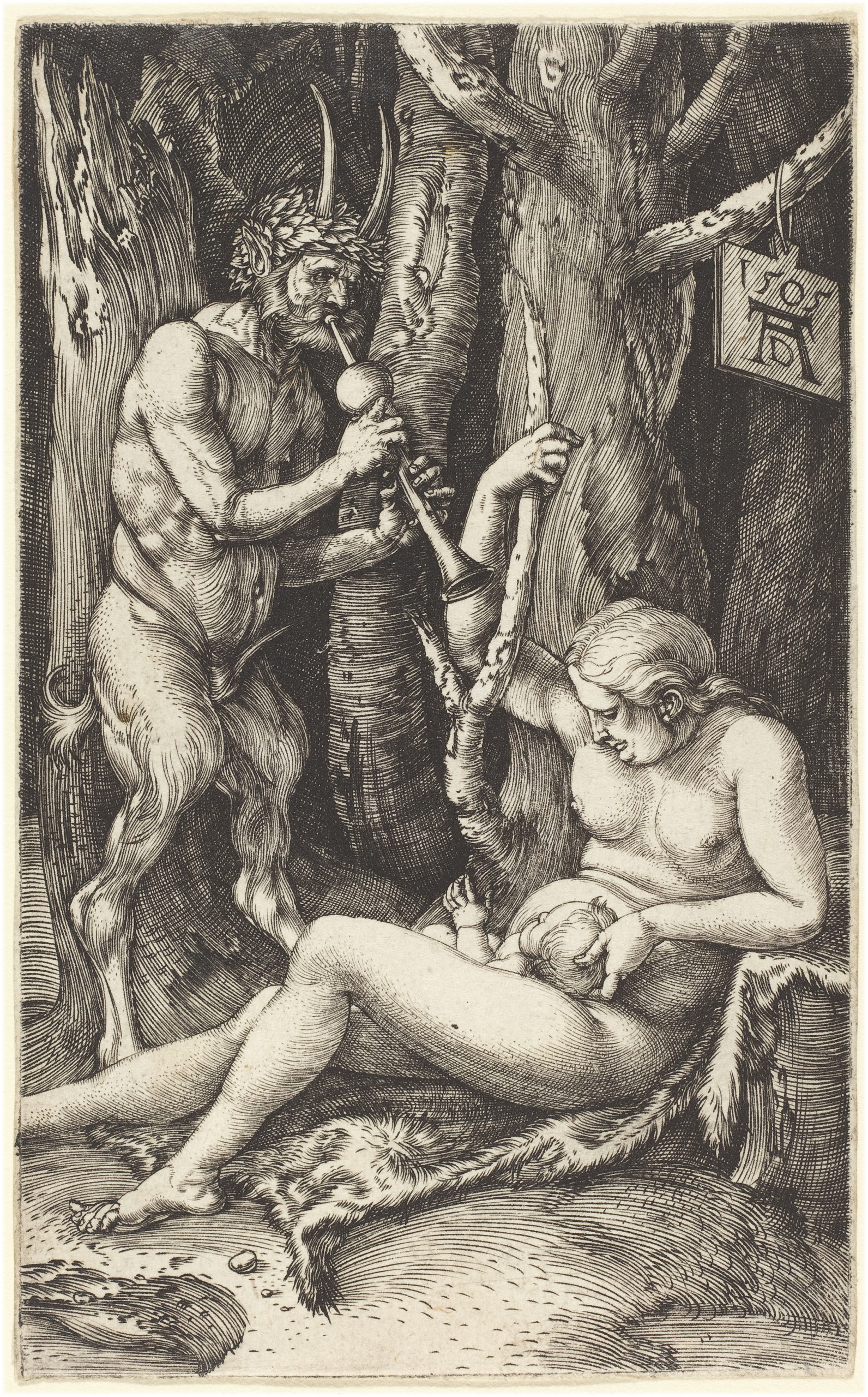 خانەوادەی ساتیر - ئالبرێخت دورەر - هێڵکاری \ گرافیک ١٥٠٥ During the Renaissance, satyrs began to appear in domestic scenes,[52][122] a trend exemplified by Albrecht Dürer's 1505 engraving The Satyr's Family